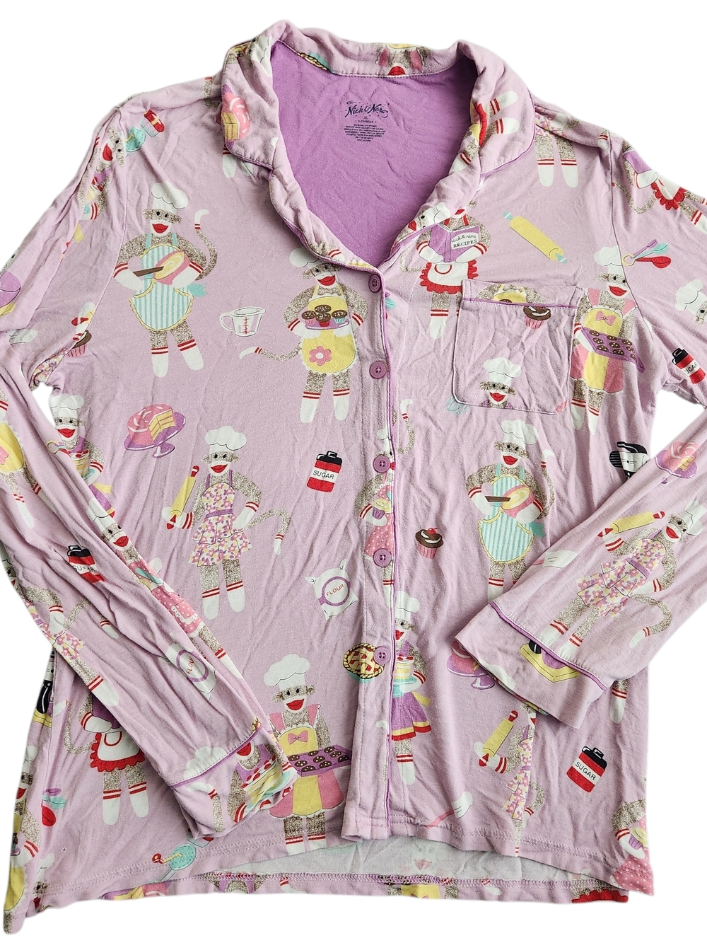 Nick & Nora Sock Monkey Pajamas Top Women's XL Pink Long Sleeve Comfort Sleep